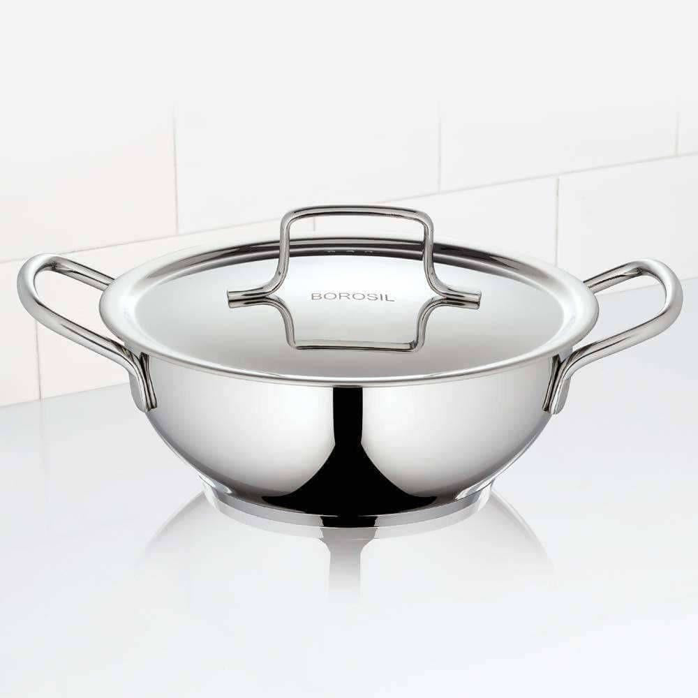 Borosil Stainless Steel Deep Kadhai With Lid, 2.3 Litre