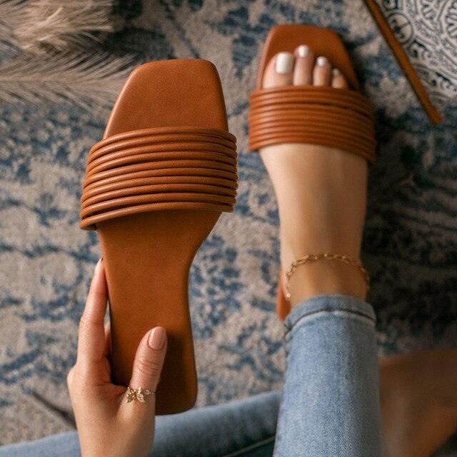 Soft Leather Woven Slippers Women Summer Flat Heels