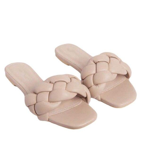 Soft Leather Woven Slippers Women Summer Flat Heels