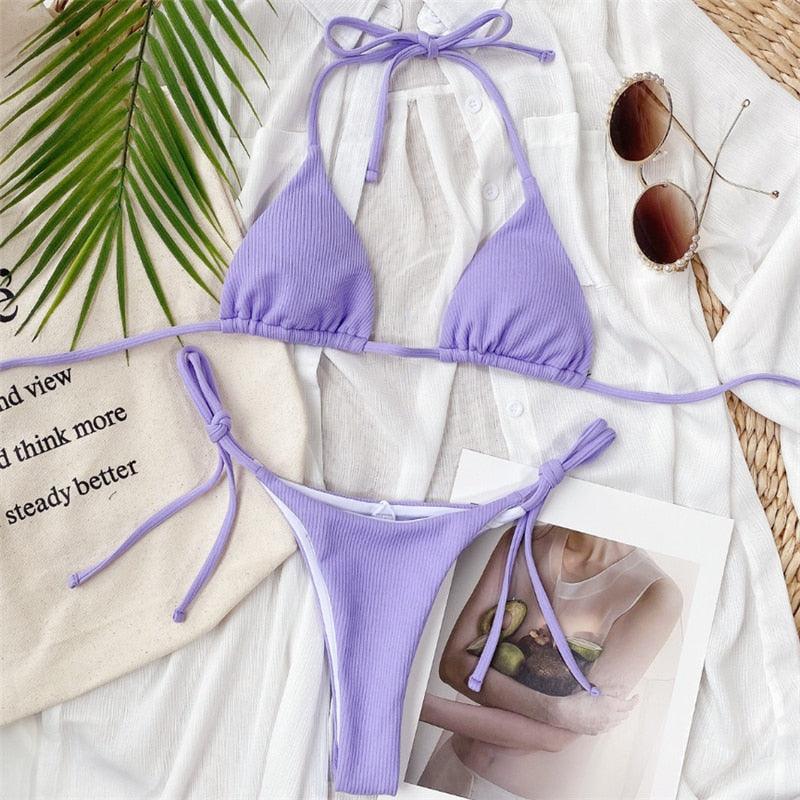 Solid Triangle Bikini Swimwear Women Bandage Backless Two Pieces