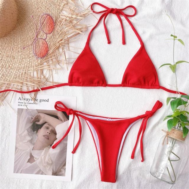 Solid Triangle Bikini Swimwear Women Bandage Backless Two Pieces
