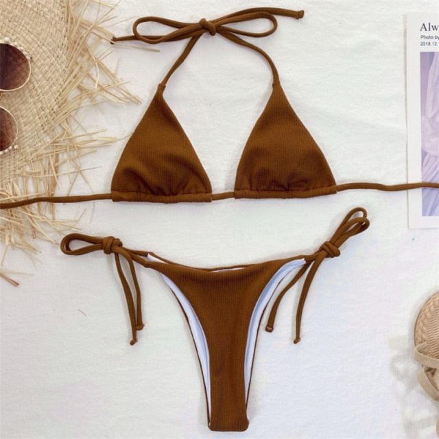 Solid Triangle Bikini Swimwear Women Bandage Backless Two Pieces