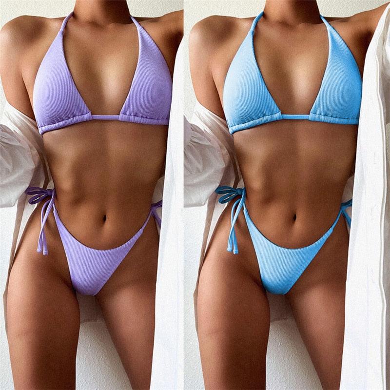 Solid Triangle Bikini Swimwear Women Bandage Backless Two Pieces