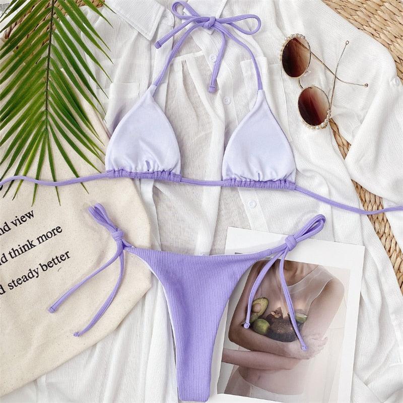 Solid Triangle Bikini Swimwear Women Bandage Backless Two Pieces