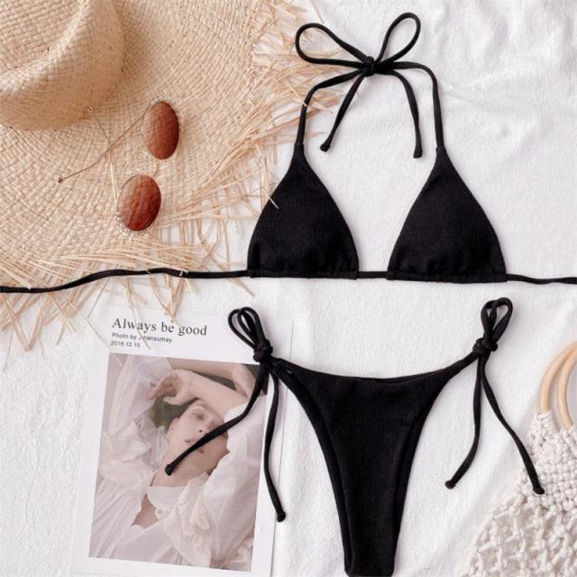 Solid Triangle Bikini Swimwear Women Bandage Backless Two Pieces