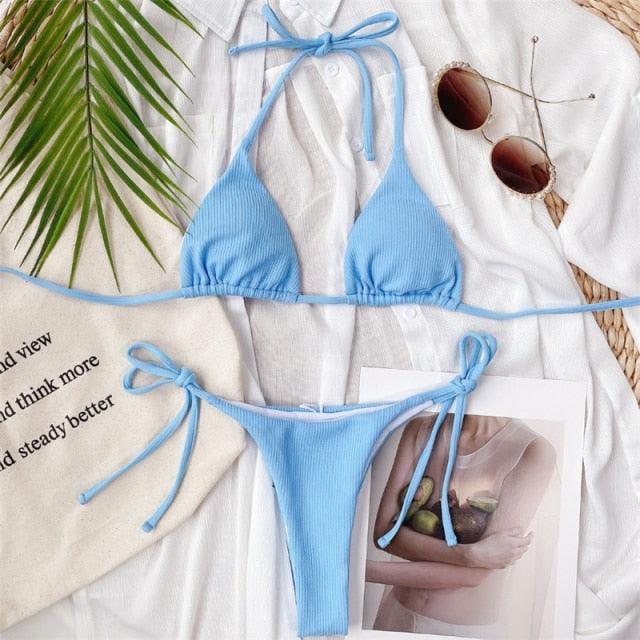 Solid Triangle Bikini Swimwear Women Bandage Backless Two Pieces