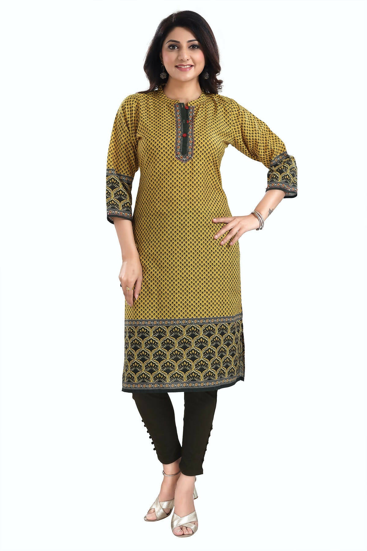 Snehal Creations Yellow Designer Digital Print Cotton Slub Fabric Long Kurti Tunic