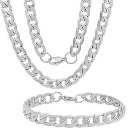 Steeltime Men's 8mm Stainless Steel Diamond Cut Cuban Link Chain Necklace and Bracelet