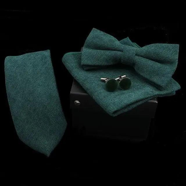 Stylish Solid Color Polyester Tie Bowtie Handkerchief Cufflinks Set For Men Butterfly Wedding Party Necktie Men's Fashion Bowtie