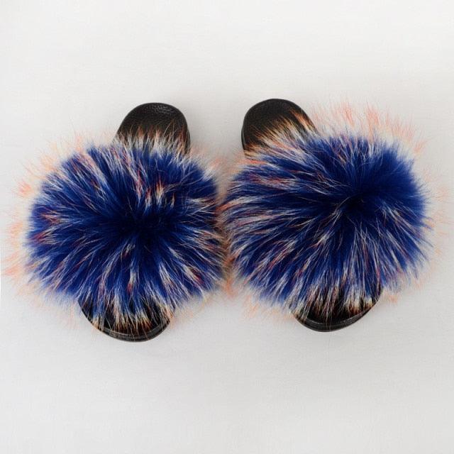Summer Women Raccoon Fur Slippers Plush Slides Furry Sandals Fluffy House Shoes Girl's Cute Flip Flops Sandal With Soft Furry Faux Fox Fur House Outdoor Multicolor Slippers