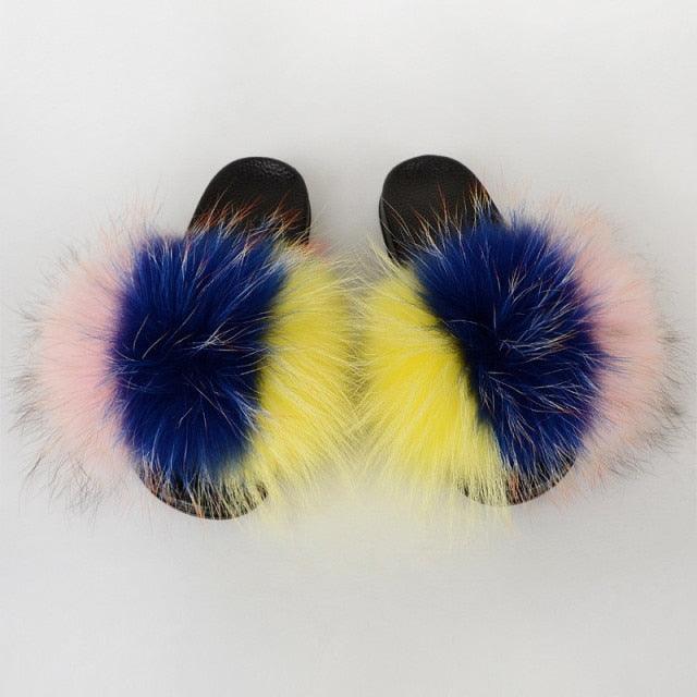 Summer Women Raccoon Fur Slippers Plush Slides Furry Sandals Fluffy House Shoes Girl's Cute Flip Flops Sandal With Soft Furry Faux Fox Fur House Outdoor Multicolor Slippers
