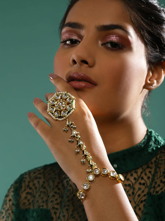 Women's Gold-Toned White Brass Kundan Gold-Polished Link Bracelet - Ruby Raang