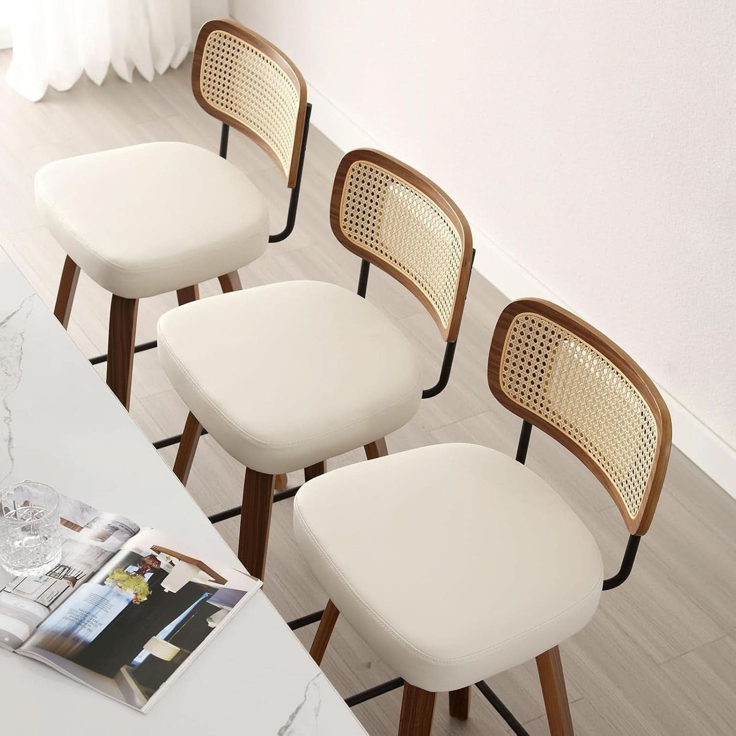 Swivel Counter Height Bar Stools Cream White Rattan Back