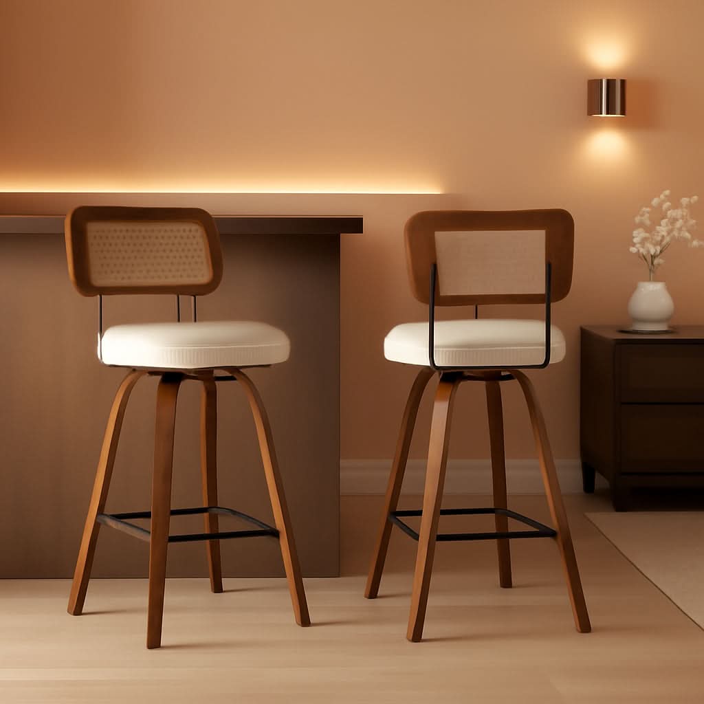 Swivel Counter Height Bar Stools Cream White Rattan Back