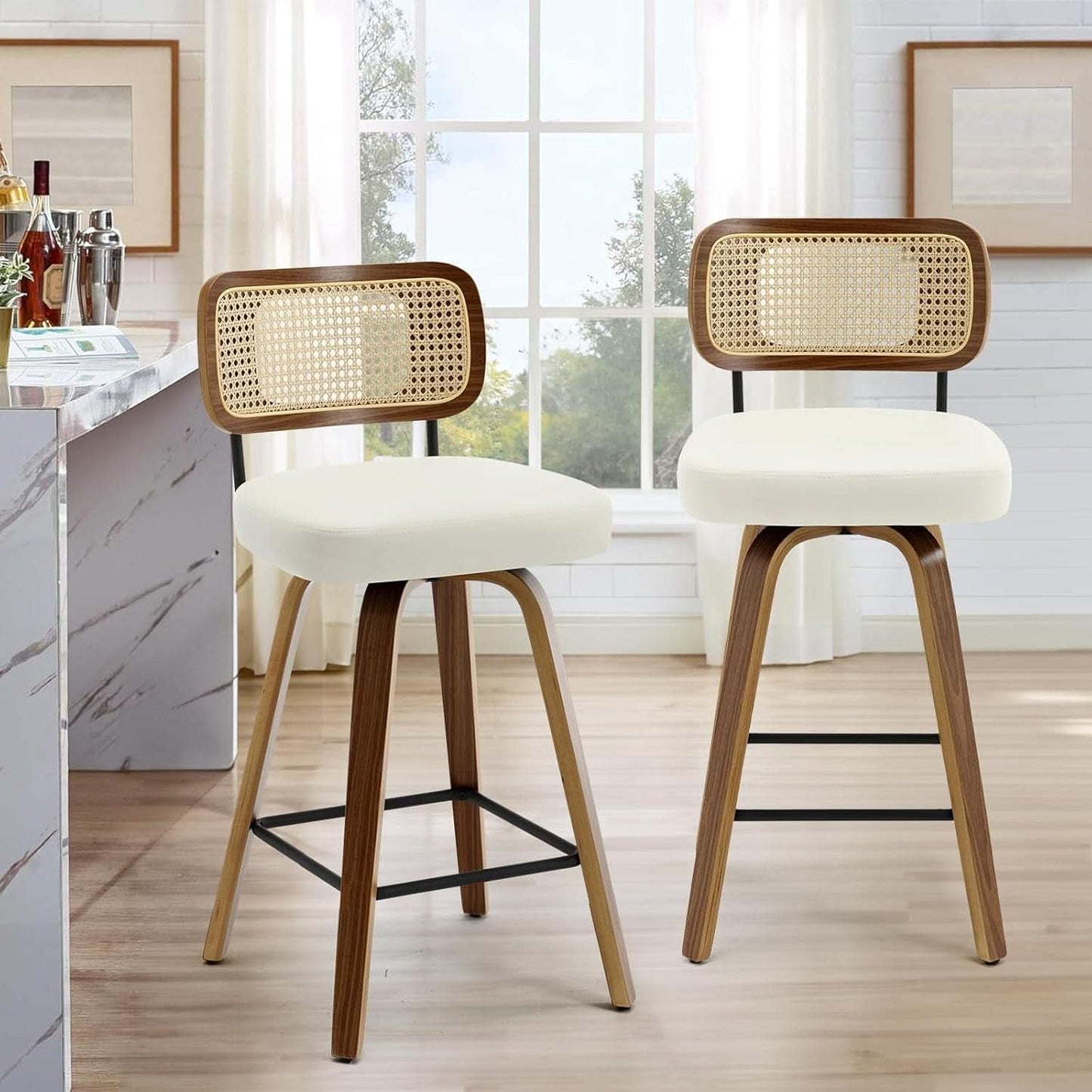 Swivel Counter Height Bar Stools Cream White Rattan Back