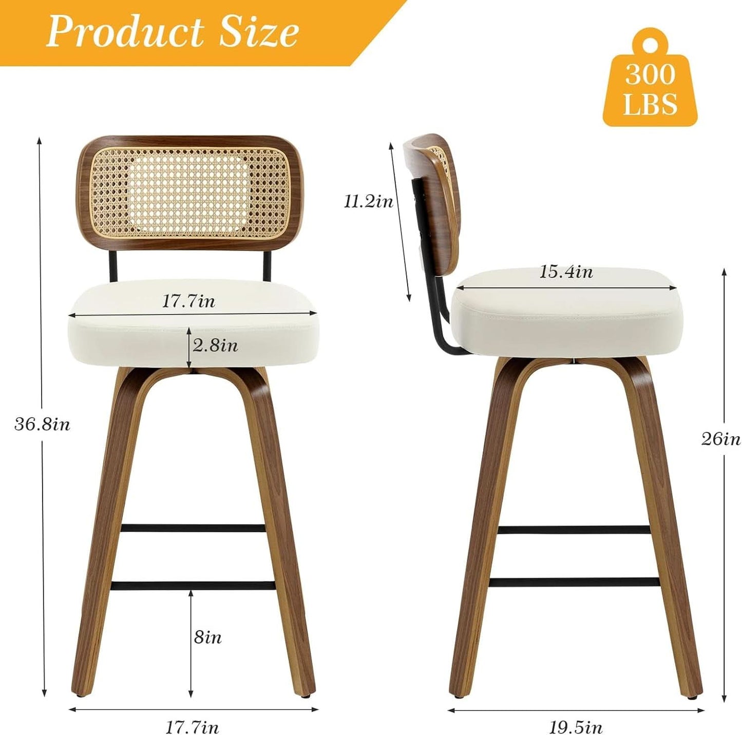 Swivel Counter Height Bar Stools Cream White Rattan Back