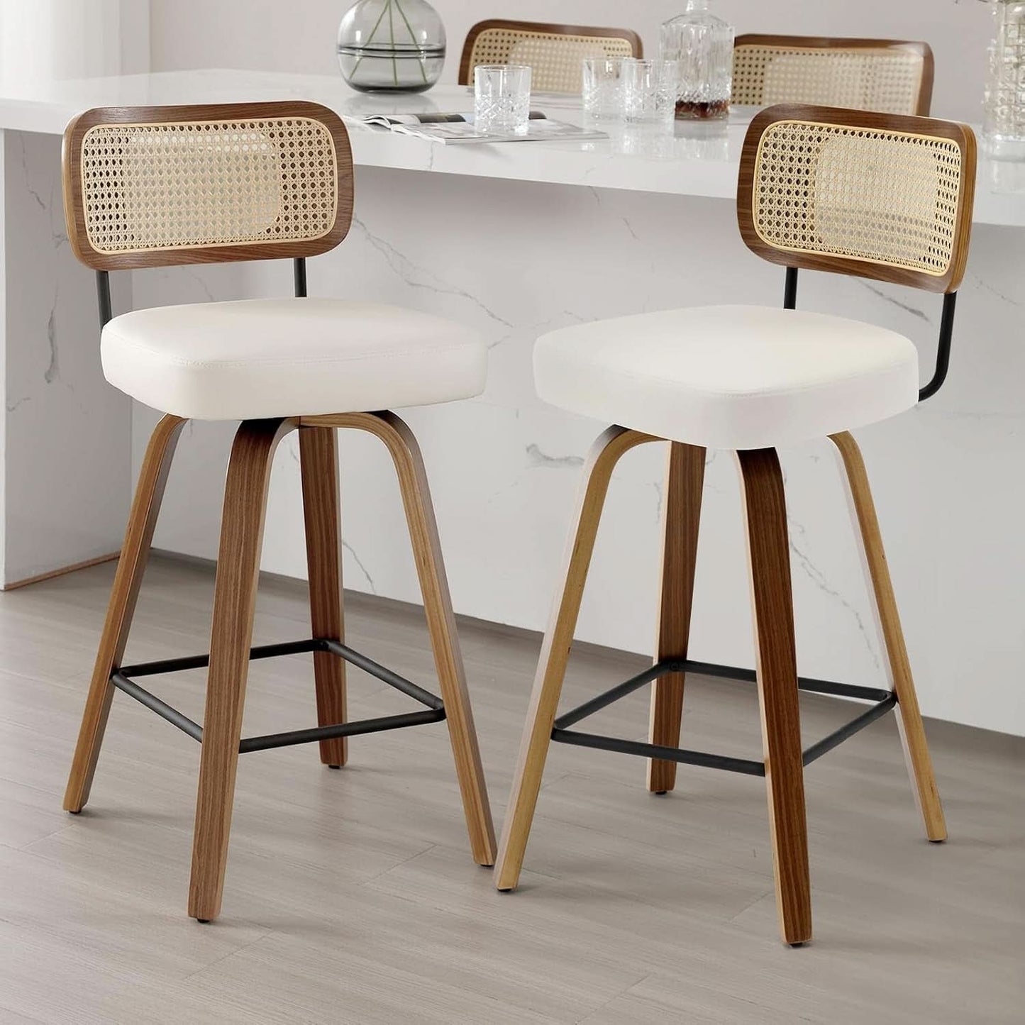 Swivel Counter Height Bar Stools Cream White Rattan Back