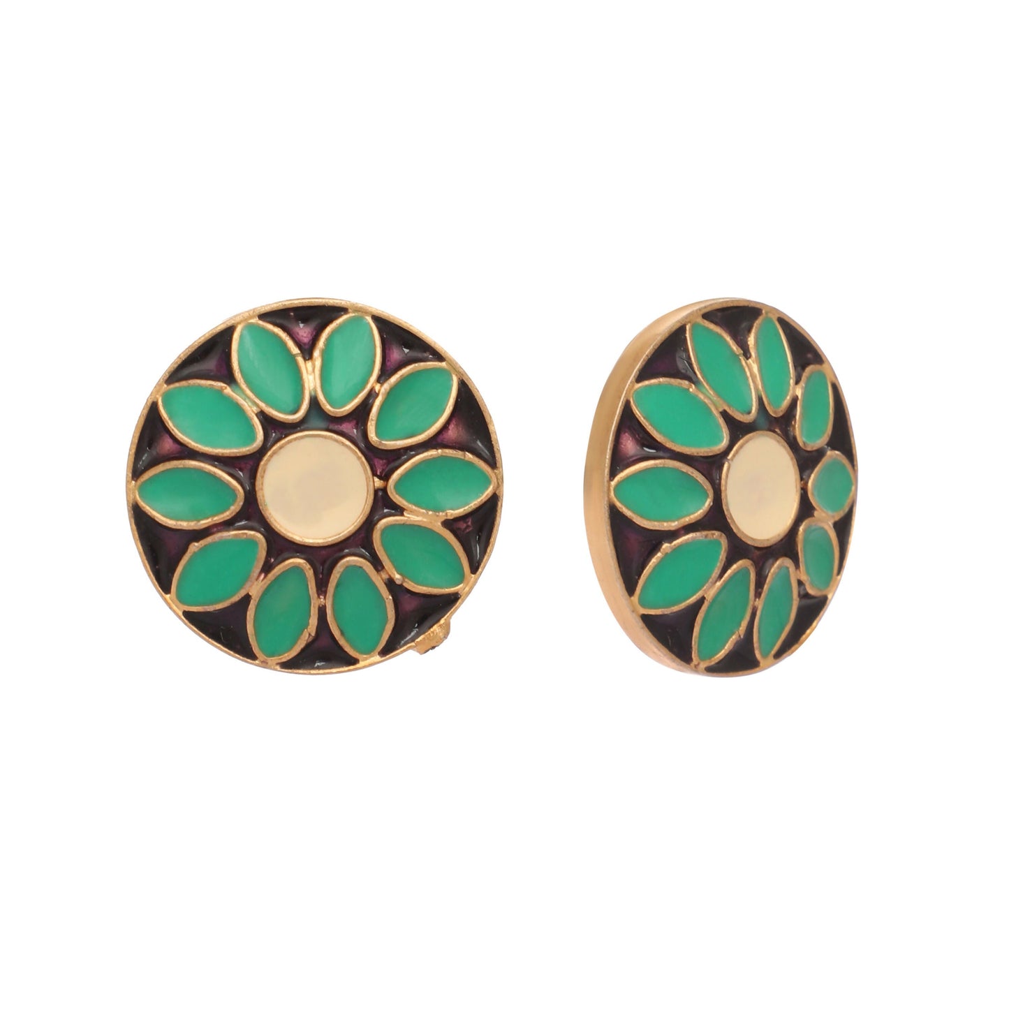 Nuyug 22K Gold Plated Circular Shaped Sea Green Enamelled Floral Motif Studs