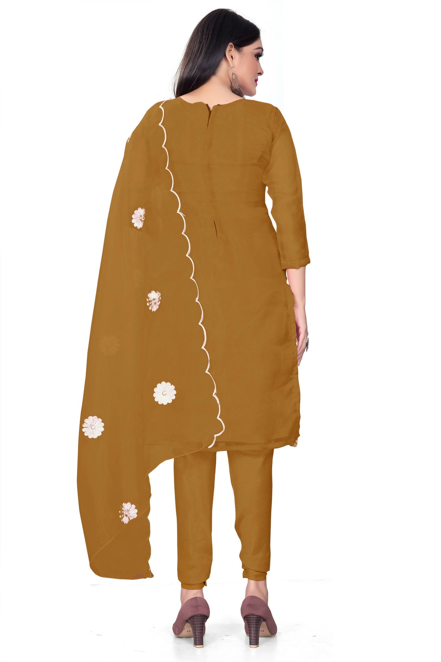 Olive Organza Silk Embroidered Work Unstitched Dress Material - Tanvi