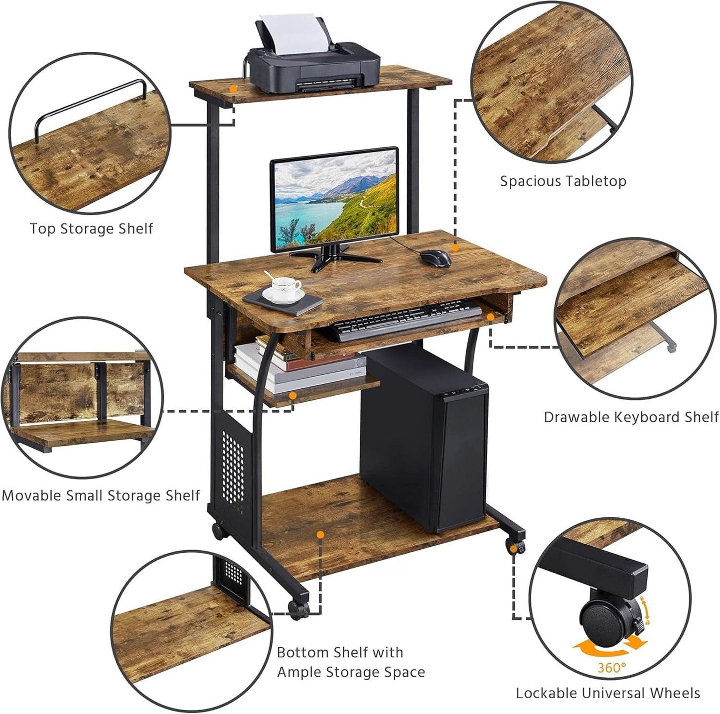 Three Tier Rolling Computer Desk with Keyboard Tray