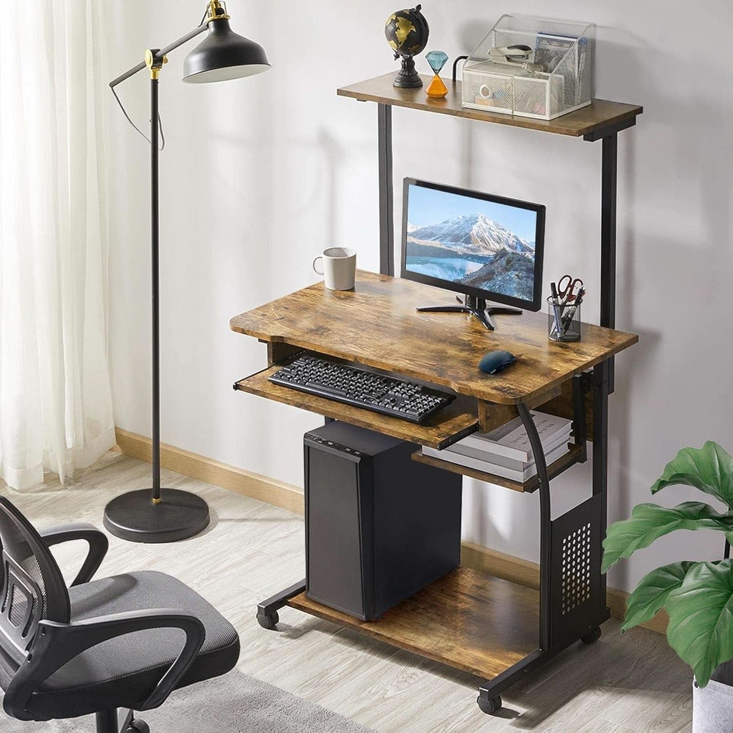 Three Tier Rolling Computer Desk with Keyboard Tray