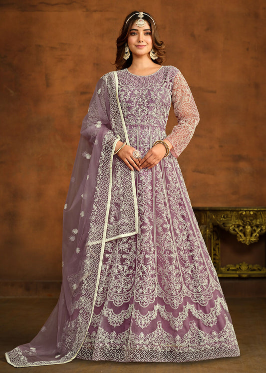 Purple All Over Embroidered Net Wedding Anarkali Suit - Emponline