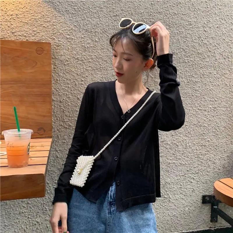 Cardigan For Women Long Sleeve Cardigan Summer Cropped Cardigan Knitted V neck Thin Ice Silk Sweaters Sunscreen Shirt Tops