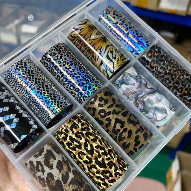 Tortoiseshell Amber Nails Tortoise Shell Nail Art Foil Transfer Decals Wraps Tips Nail Manicure Decorations Leopard Nail Foil Transfer Stickers Leopard Snake Laser Gold Design Nail Foil Decals Art Sticker for Women Manicure Tips