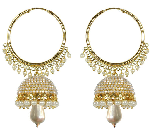 Gold-Polished Alloy Pearl Studded Round Hoop Jhumki Earrings - The Pari