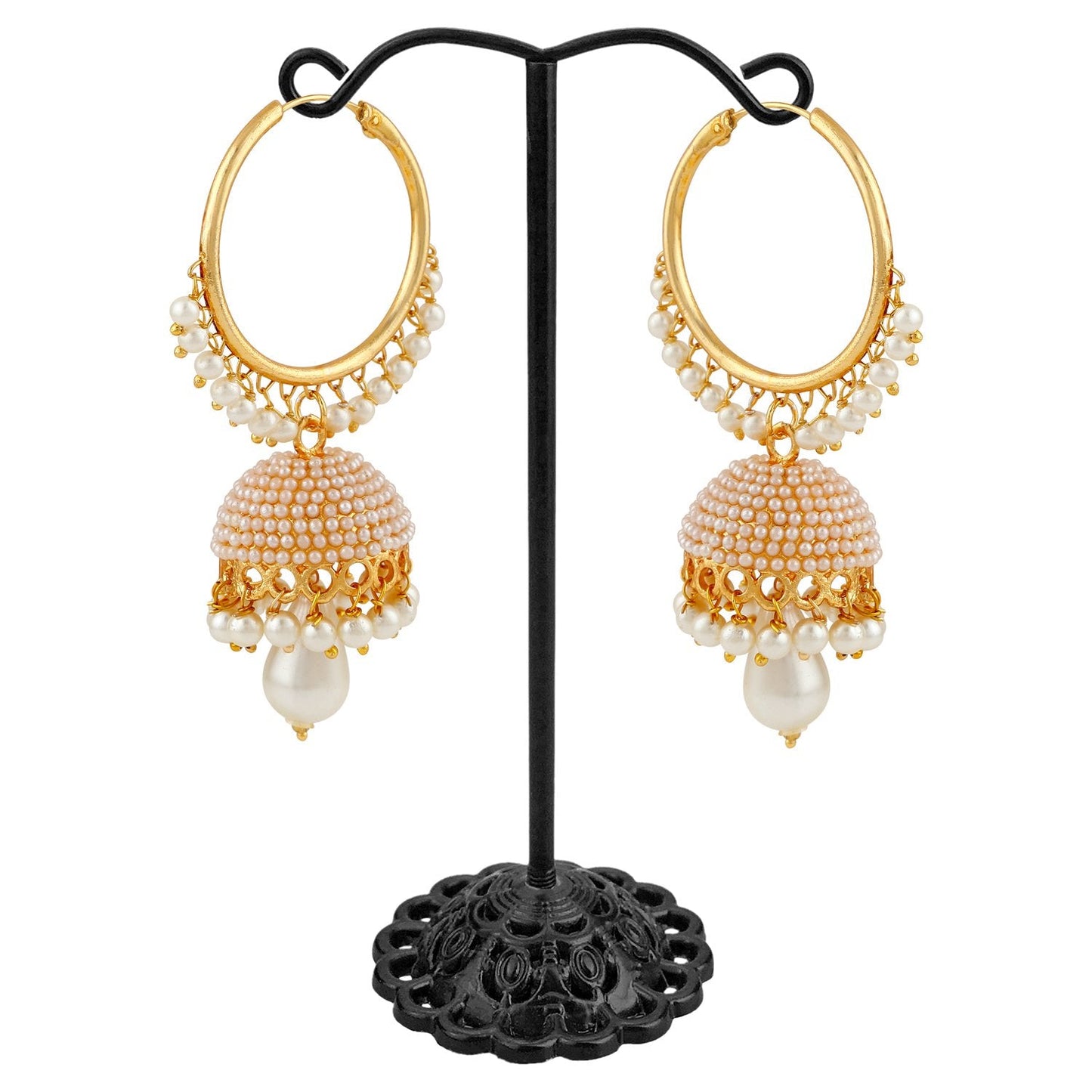 Gold-Polished Alloy Pearl Studded Round Hoop Jhumki Earrings - The Pari