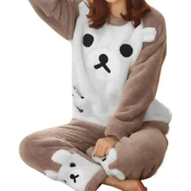 Trendy Pajama Women Thick Flannel Warm Female Winter Pajama Set Long Sleeve Full Trousers Two Piece Pajamas  Cartoon Pajamas Women Pajamas Set Sleepwear Autumn Plus Size Top Long Pant Sleepwear Girls Pajamas