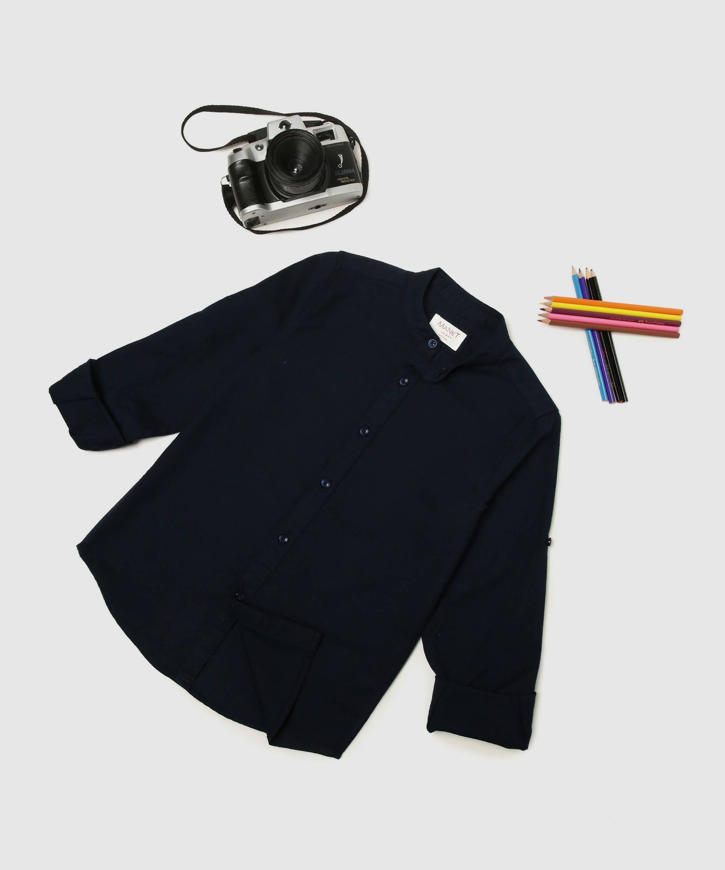 Manet Boys Mandarin Collar Full Sleeves Melange Shirt - Navy Blue