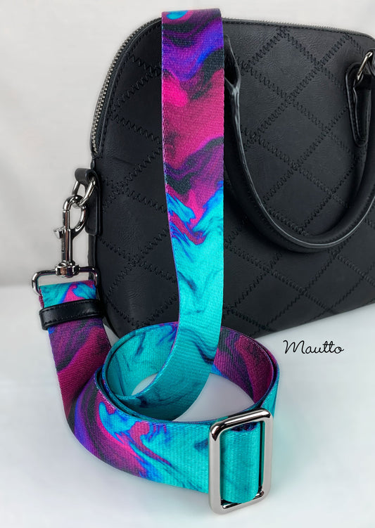 Turquoise Purple Swirl Strap - 1.5" Wide Nylon - Adjustable Shoulder to Crossbody Length - Choose Connector Style & Finish