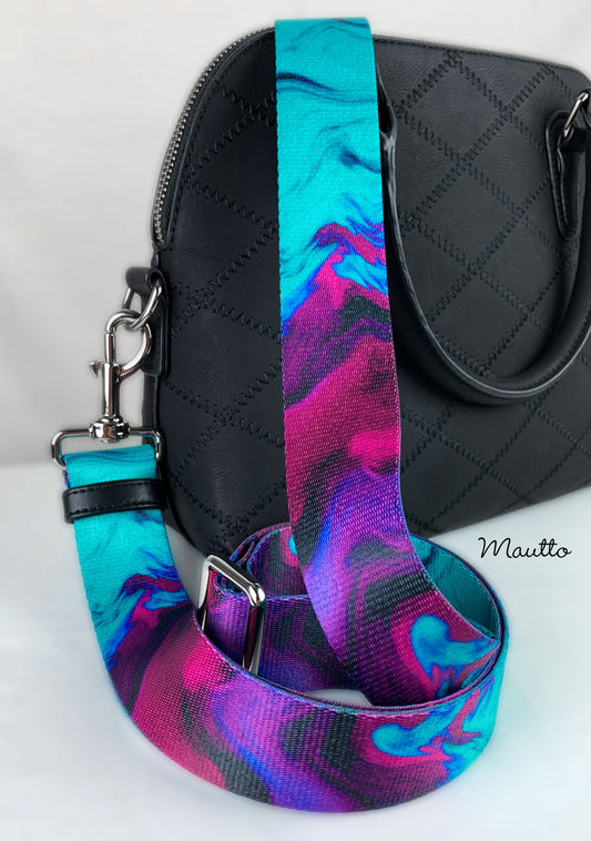 Turquoise Purple Swirl Strap - 1.5" Wide Nylon - Adjustable Shoulder to Crossbody Length - Choose Connector Style & Finish