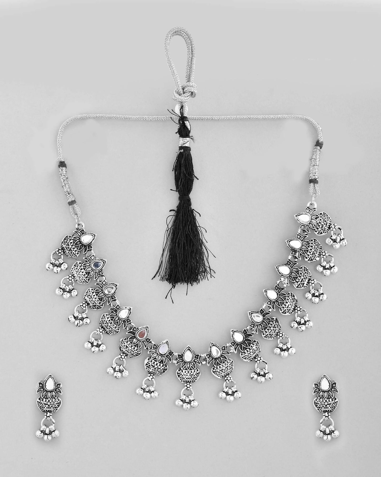 VOJ Silver Plated Oxidized Kalash Shaped Choker with Earring Set