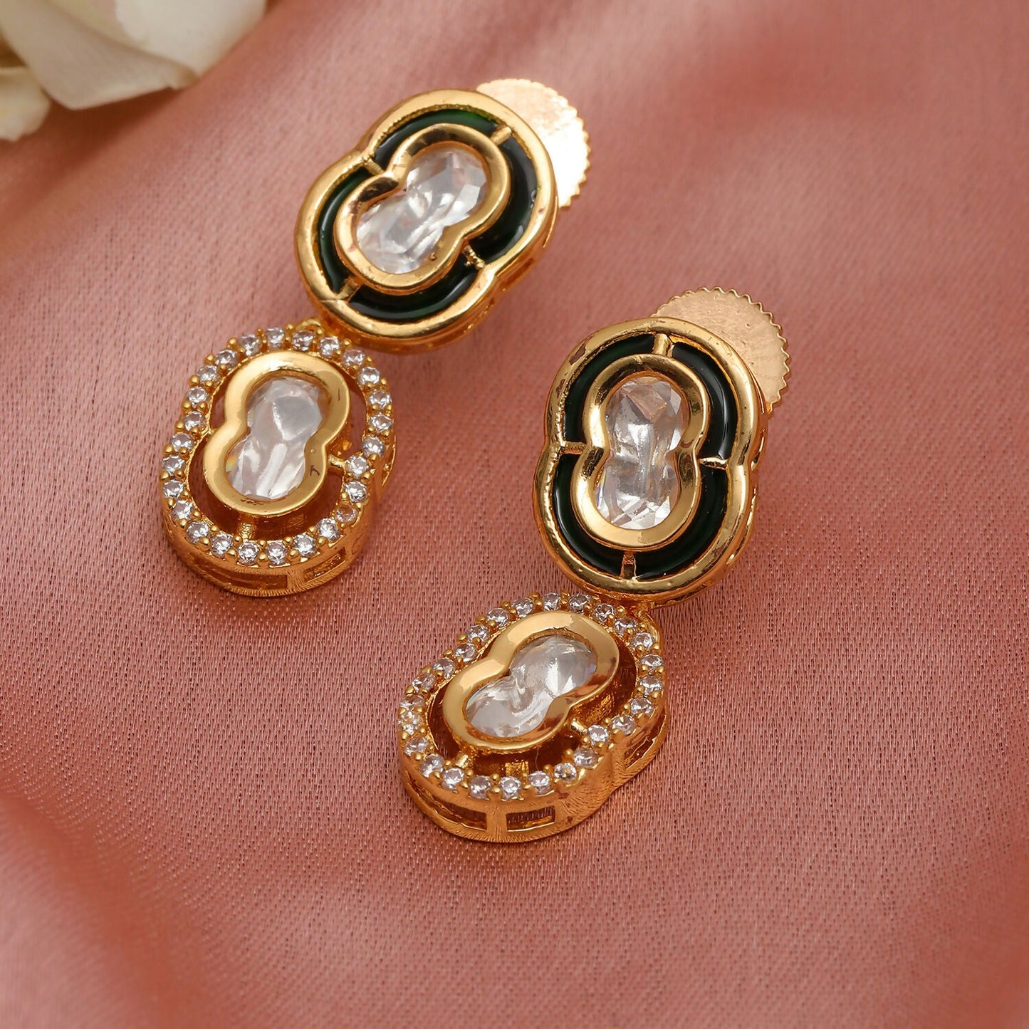 Duet Mufli Meenakari and Diamond Gold-Polished Earrings (Gold) - Ruby Raang