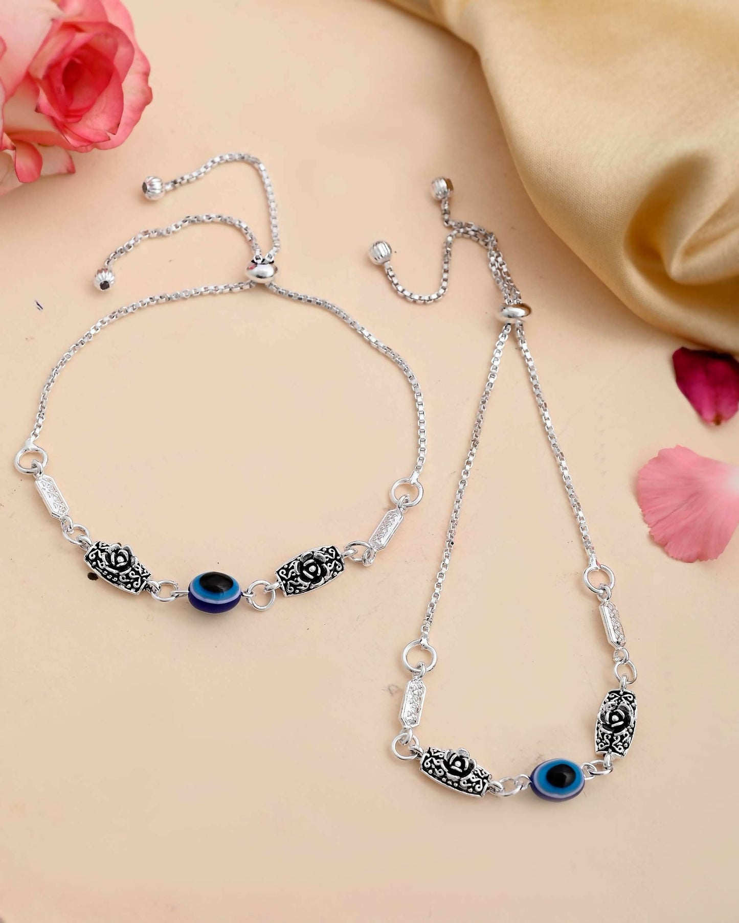 VOJ Set of 2 Silver Plated Flower And Evil Eye HandCrafted Anklet