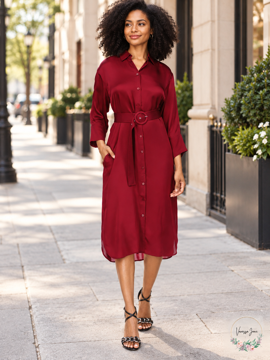 Michael Michael Kors Belted Shirtdress – Dark Ruby, Size XS