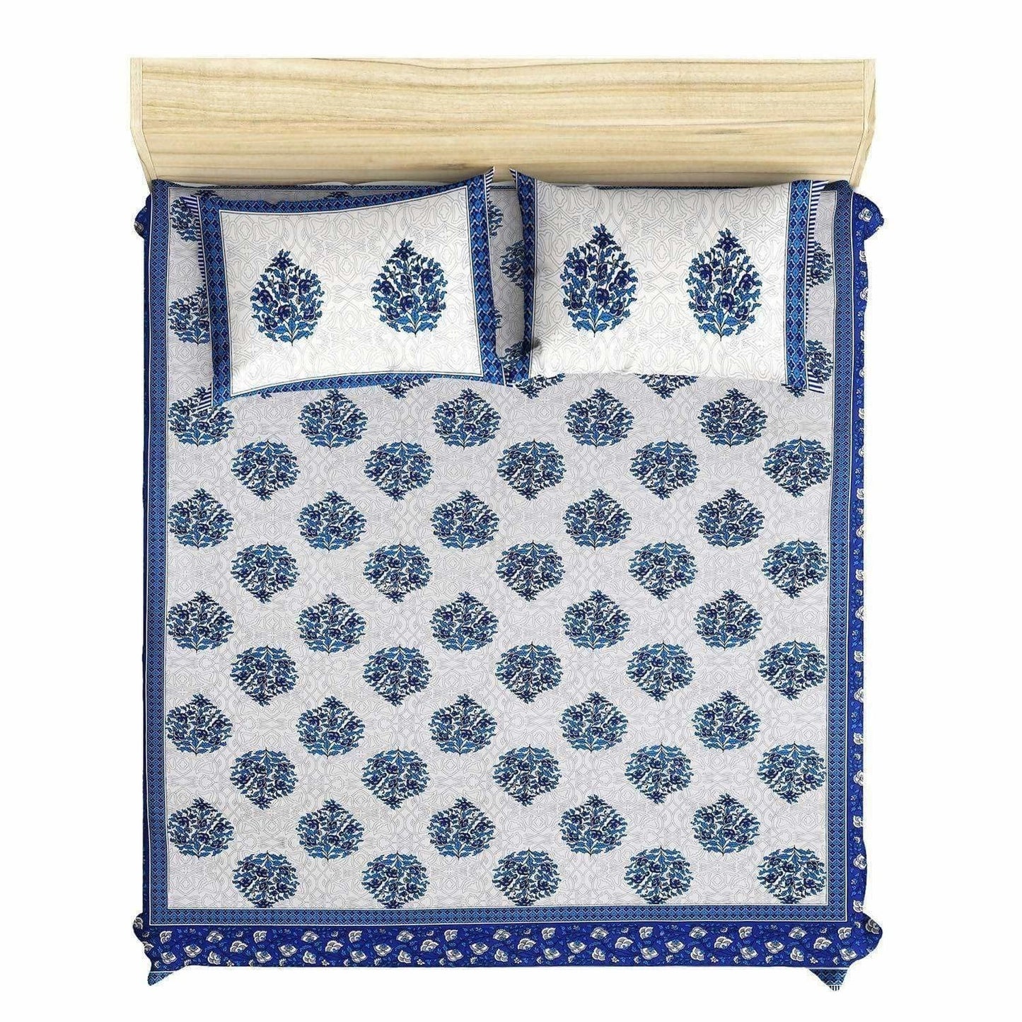 Queen Size 230x270 Cms Jaipuri Hand Block Printed Traditional 144TC Cotton Bedsheet with 2 Pillow Covers
