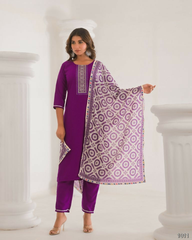 Festive Ethnic Viscose Chanderi Purple Stitched Suit With Dupatta - Rashmika