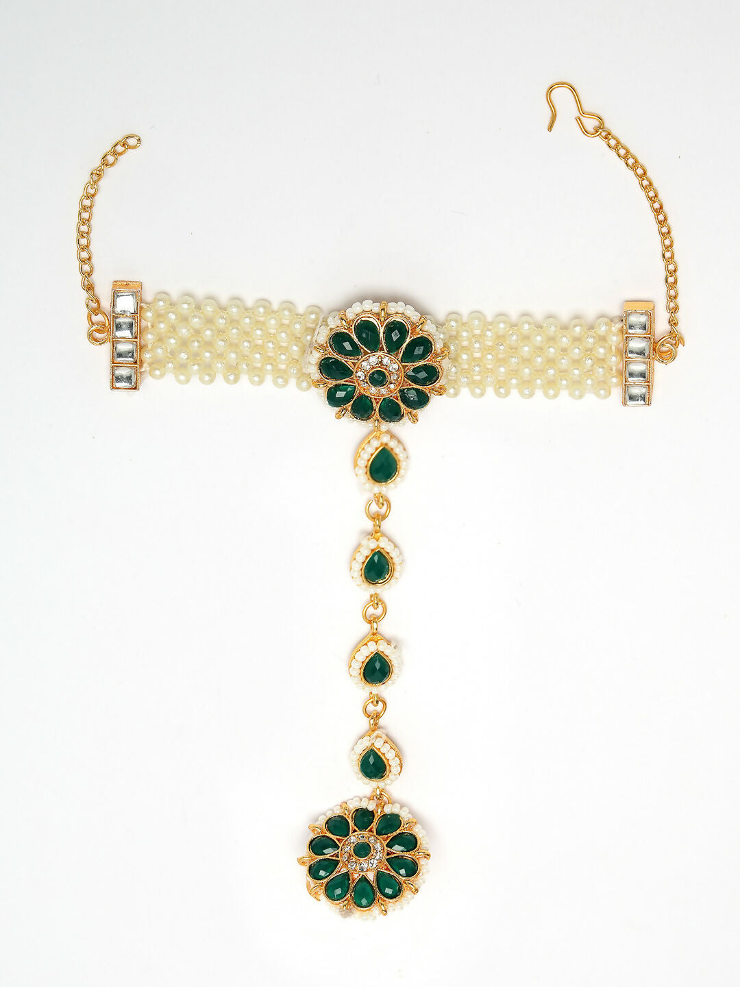 NVR Women's Green Gold-Polished Stone Studded Handcrafted Ring Bracelet