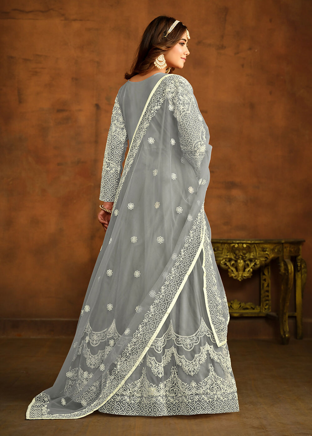 Grey All Over Embroidered Net Wedding Anarkali Suit - Emponline