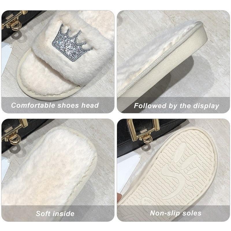 Warm Fluffy Slippers Women Faux Fur Slipper Indoor Floor Slides Flat Soft Furry House Warm Comfortable Fuzzy Furry Bedroom Slippers Indoor Cozy Memory Foam Anti-Slip Flip Flops