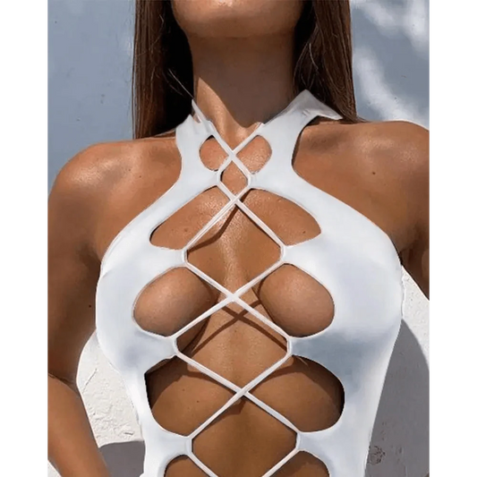 White One Piece Women Fashion Lace-up Plunge Swimsuit Sleeveless Solid Swimwear For Girls