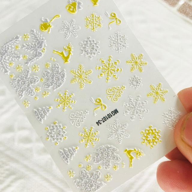 Winter Christmas Acrylic Engraved Nail Sticker Colorful Snow Design Decals Nail Water Slide Decals Nail Art Stickers Decals Christmas Snowflake Bronzing Christmas Slider Nail Art 3D Decals Decoration  Decals Snowflakes Elk Bear Christmas Xmas Stickers