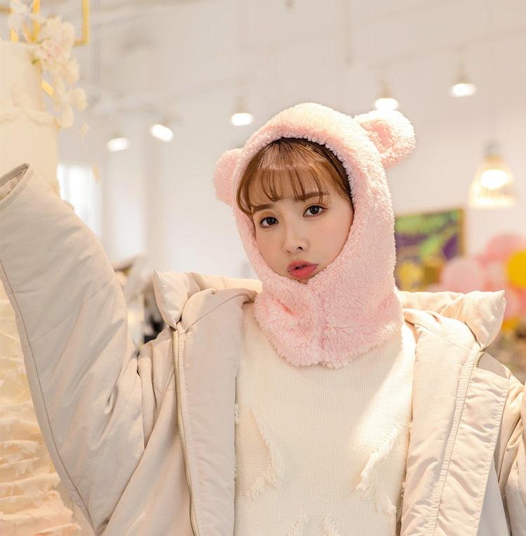 Winter Cute Bear Ears Warm Hat Windproof Neck Scarf Cap Student Women Plus Cashmere Cap Unisex Keep Warm Sports Beanies Knitted Headgear Face Hooded Cowl Neckerchief with Drawstring Soft Balaclava Pullover Knitted Beanie
