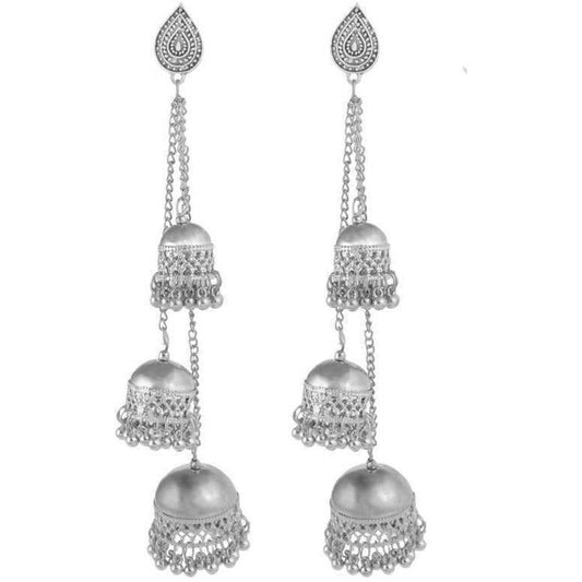 MS Fashion India Silver Color Oxidized Traditional Wear Hanging Three Jhumkas Earrings