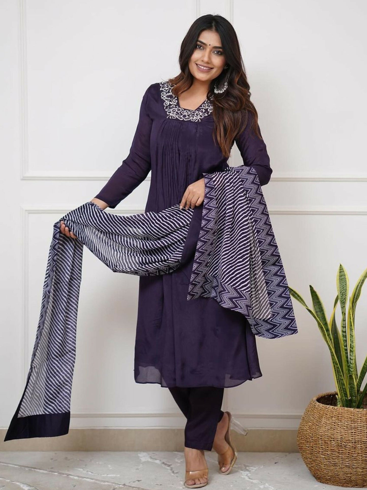 Partywear Designer Viscose Silk With Lining Wine Stitched Suit With Dupatta - Tanisha