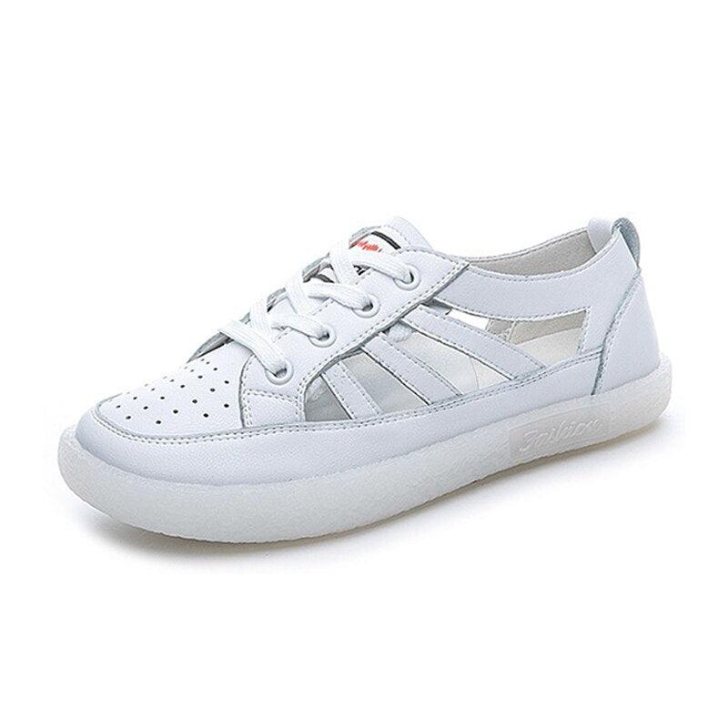 Women Genuine Leather Sneakers Summer White Lacing Flat Woman Casual mfortable Casual Everyday Walking Fashion Outdoor Sneakers