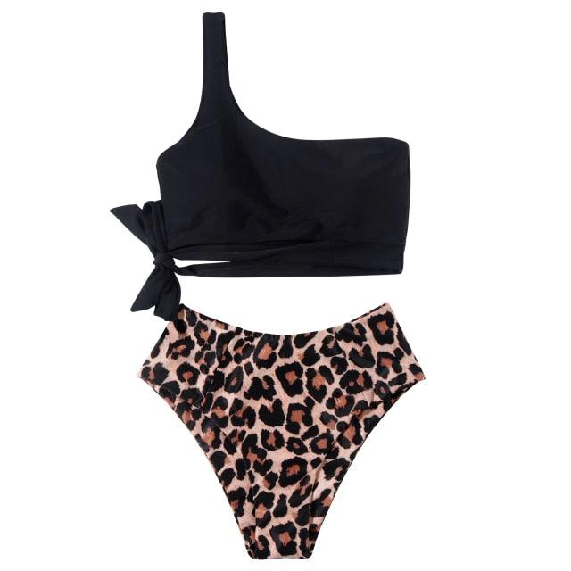 Women Swimsuit Bikini One Shoulder Top High Waist Bottom